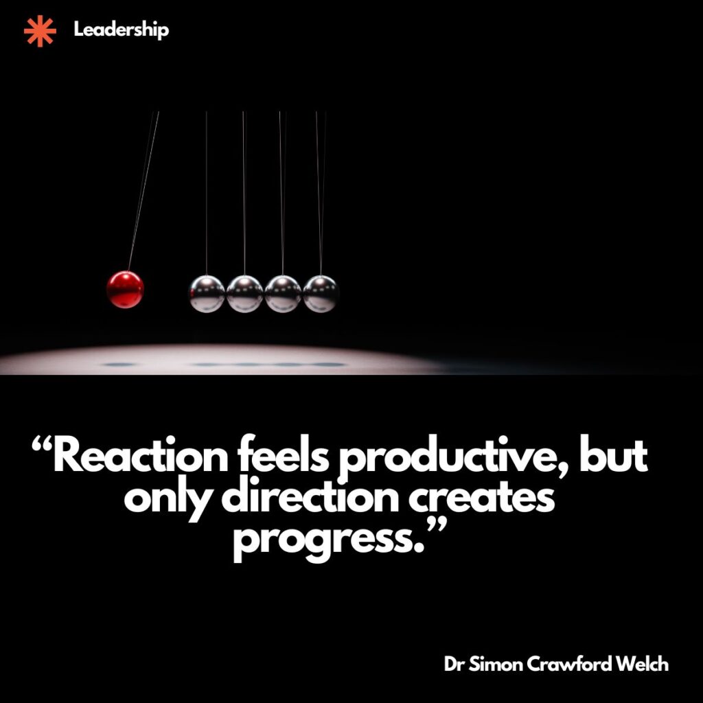 Quote on Image: "Reaction feels productive, but only direction creates progress.» By Dr. Simon Crawford-Welch