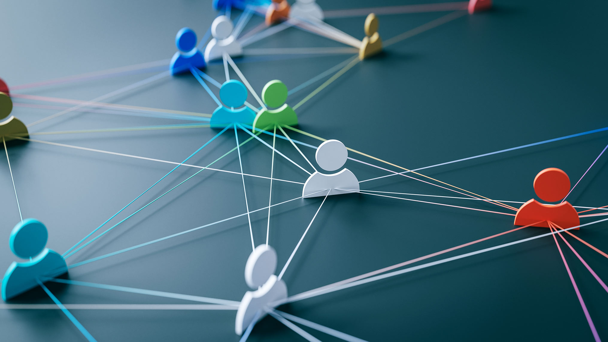 Colorful 3D person icons in blue, green, red, teal, yellow, and white connected by multicolored lines across a dark teal surface, forming a web of human connections. The concept illustrates how emotional intelligence shapes the quality and nature of our interpersonal networks and relationships.