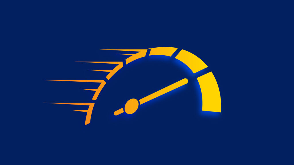 A bold graphic of a yellow and orange speedometer with motion lines trailing to the left, the needle pointing toward a bright yellow high-performance zone on a deep navy blue background. The concept illustrates the drive toward peak performance and the momentum that effective leadership demands.