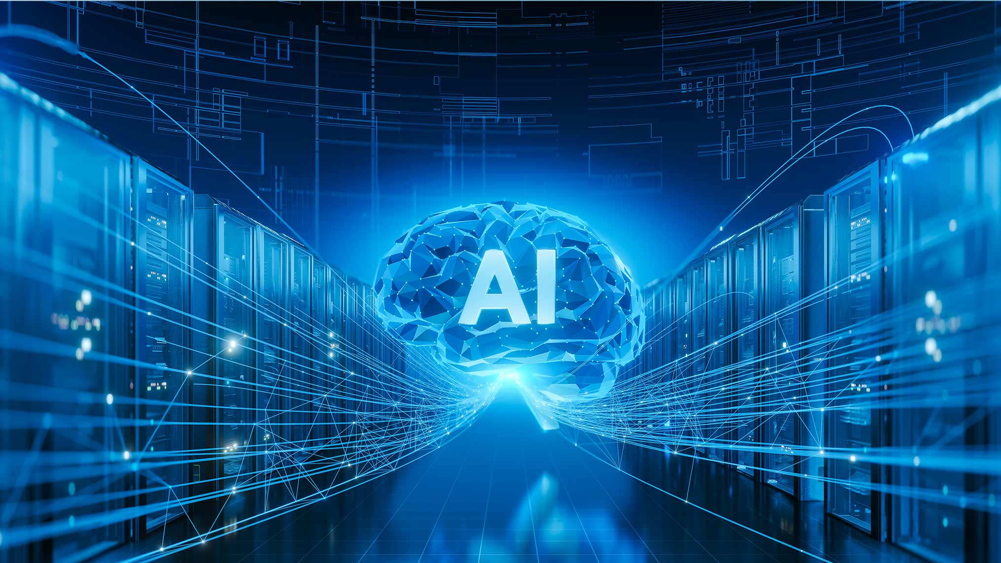 A glowing blue geometric digital brain labeled "AI" floats at the centre of a server room corridor, with luminous data streams and network lines radiating outward in every direction. The concept explores how artificial intelligence is reshaping the landscape of personal development and how we understand our own capabilities.