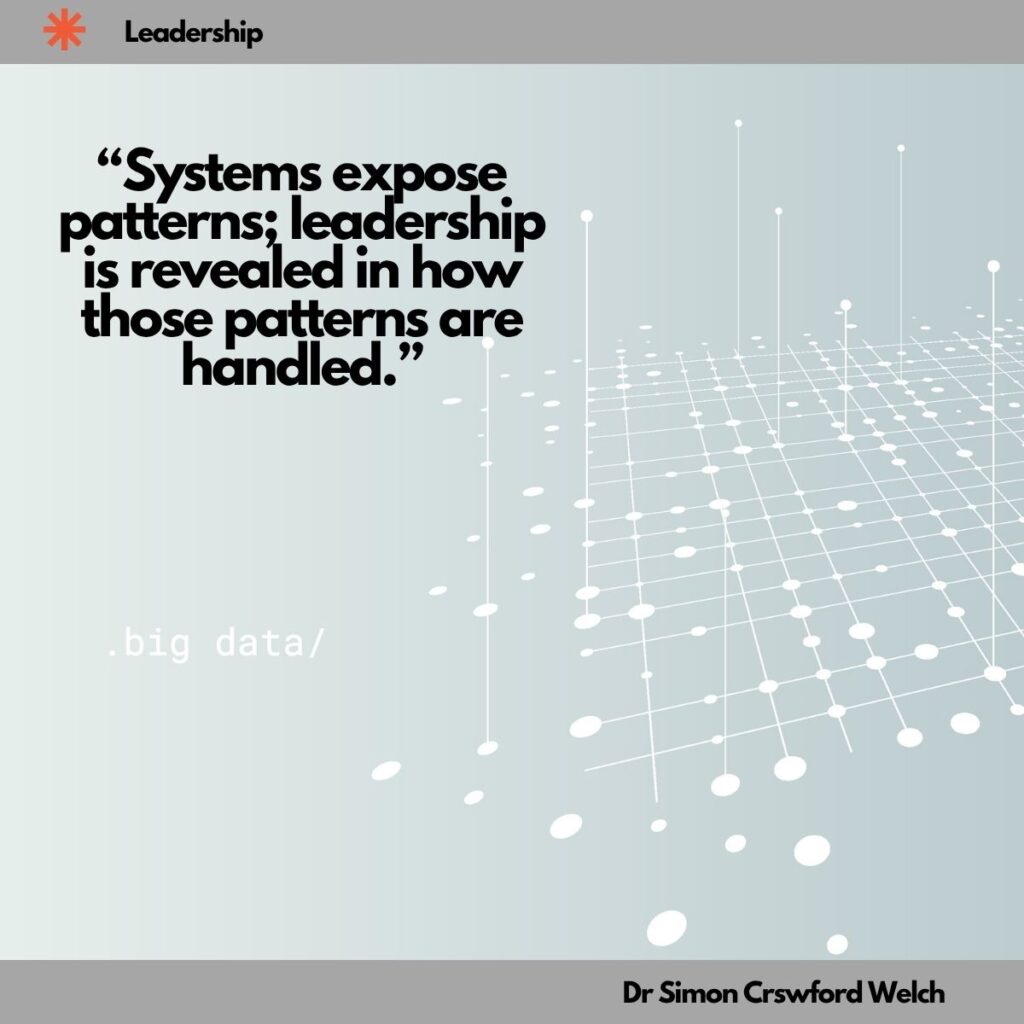 A light grey gradient background featuring a three-dimensional grid of white dots and connecting lines extending into the distance, evoking the structured patterns found within complex systems and data. The concept reflects how leaders who understand the systems they operate within are better equipped to navigate complexity and drive meaningful change. "Systems expose patterns; leadership is revealed in how those patterns are handled." By Dr. Simon Crawford Welch