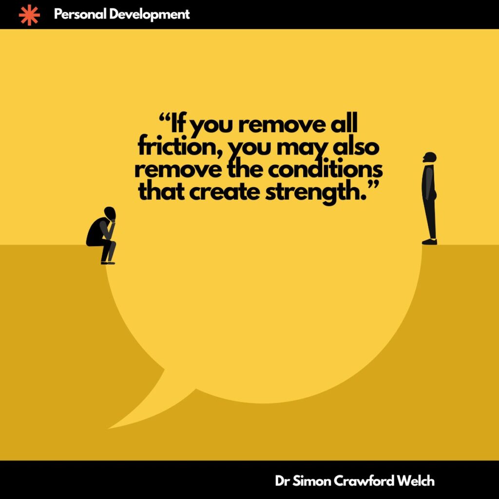 A bright yellow illustration featuring two simplified black silhouetted figures on either side of a large speech bubble, one seated in contemplation and one standing upright. The concept explores how removing all friction from personal development can undermine the very conditions that build resilience and lasting strength. "If you remove all friction, you may also remove the conditions that create strength." By Dr. Simon Crawford Welch