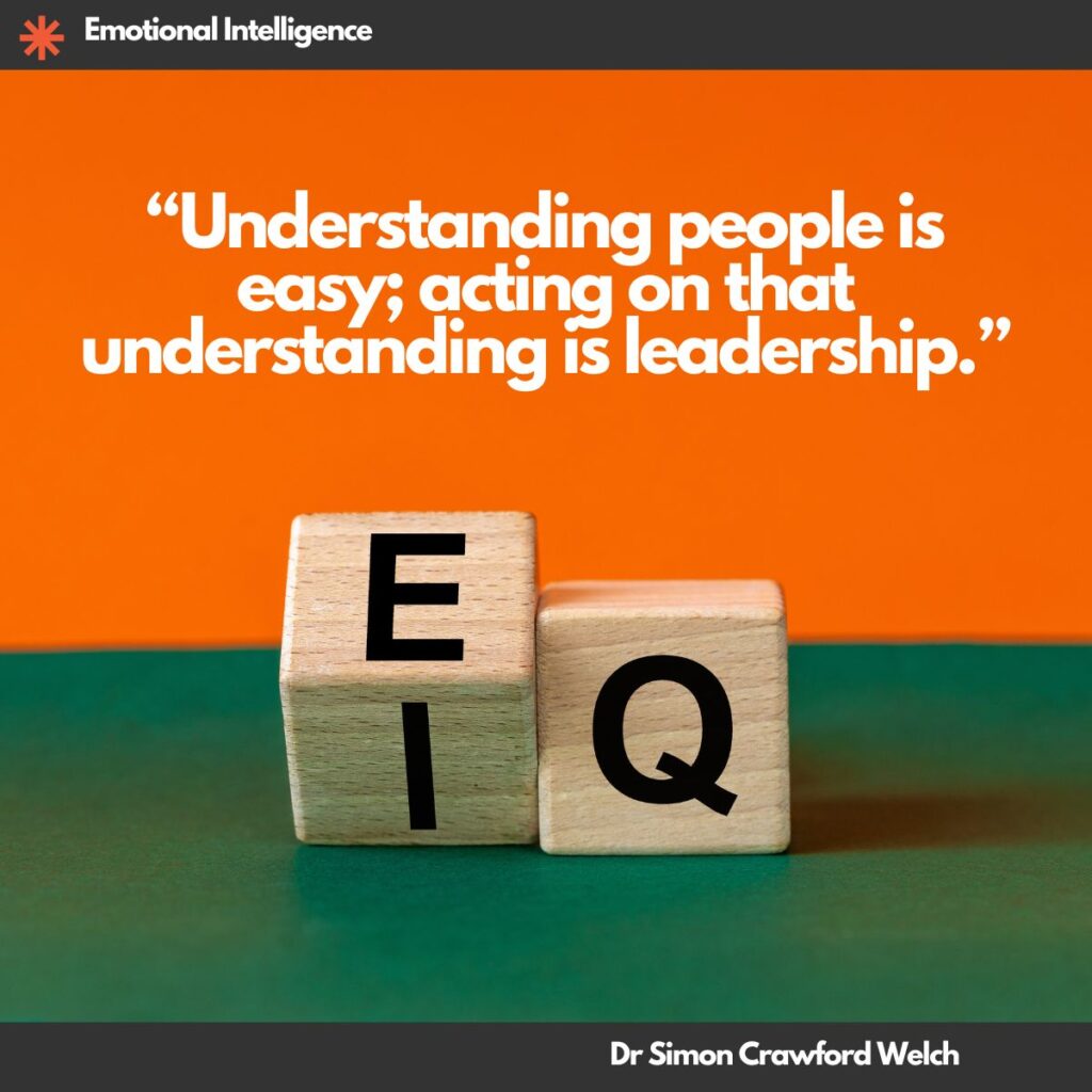 Two wooden blocks sit on a green surface against a vibrant orange background, with one block showing the letter E being rotated to reveal the letter I while the adjacent block displays the letter Q, representing the shift from IQ to EI. The image represents the pivot from traditional intelligence to emotional intelligence, illustrating the concept that insight about people only becomes meaningful when it is translated into action. The quote over the image reads, "Understanding people is easy; acting on that understanding is leadership." By Dr. Simon Crawford Welch.