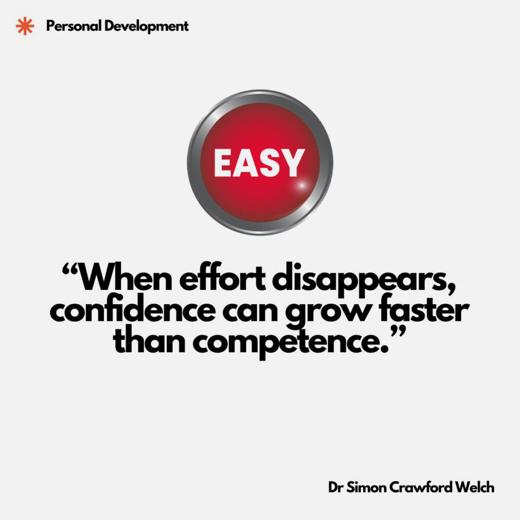 A large glossy red button with a chrome bezel displays the word EASY in bold white letters, centered on a clean light gray background. The image represents the cultural temptation to remove effort from every pursuit, illustrating the concept that when tasks become too easy we risk believing we are capable before we have actually built the skill. The quote over the image reads, "When effort disappears, confidence can grow faster than competence." By Dr. Simon Crawford Welch.