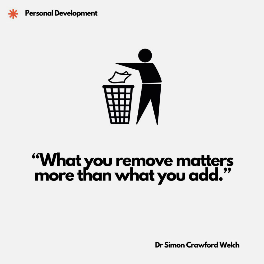 Quote: "What you remove matters more than what you add." By Dr. Simon Crawford Welch. A minimalist black icon centered on a light gray background depicts a simple stick figure of a person standing beside a wire mesh trash can. The figure extends one arm and drops a crumpled piece of paper into the bin in a clean, deliberate motion. Subtraction as growth. The image strips development down to its quietest discipline, the act of letting go, illustrating that meaningful progress often comes from clearing space rather than filling it.