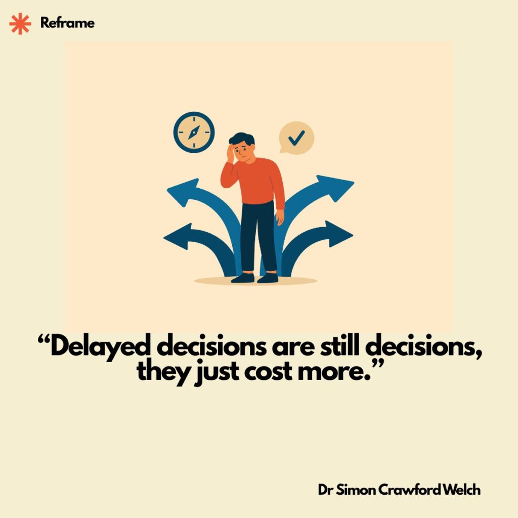 Quote: "Delayed decisions are still decisions, they just cost more." By Dr. Simon Crawford Welch. A flat vector illustration on a warm cream background shows a man in an orange long sleeve shirt and dark navy pants standing alone with one hand pressed to his forehead in a worried expression. Around him, four bold blue arrows curve outward in different directions, suggesting multiple possible paths. A compass icon hovers to his upper left, and a small speech bubble with a green checkmark floats to his upper right. The hidden cost of indecision. The image captures the paralysis of standing at a crossroads, reframing waiting as an active choice that quietly accumulates expense, lost momentum, and narrowed options the longer it continues.