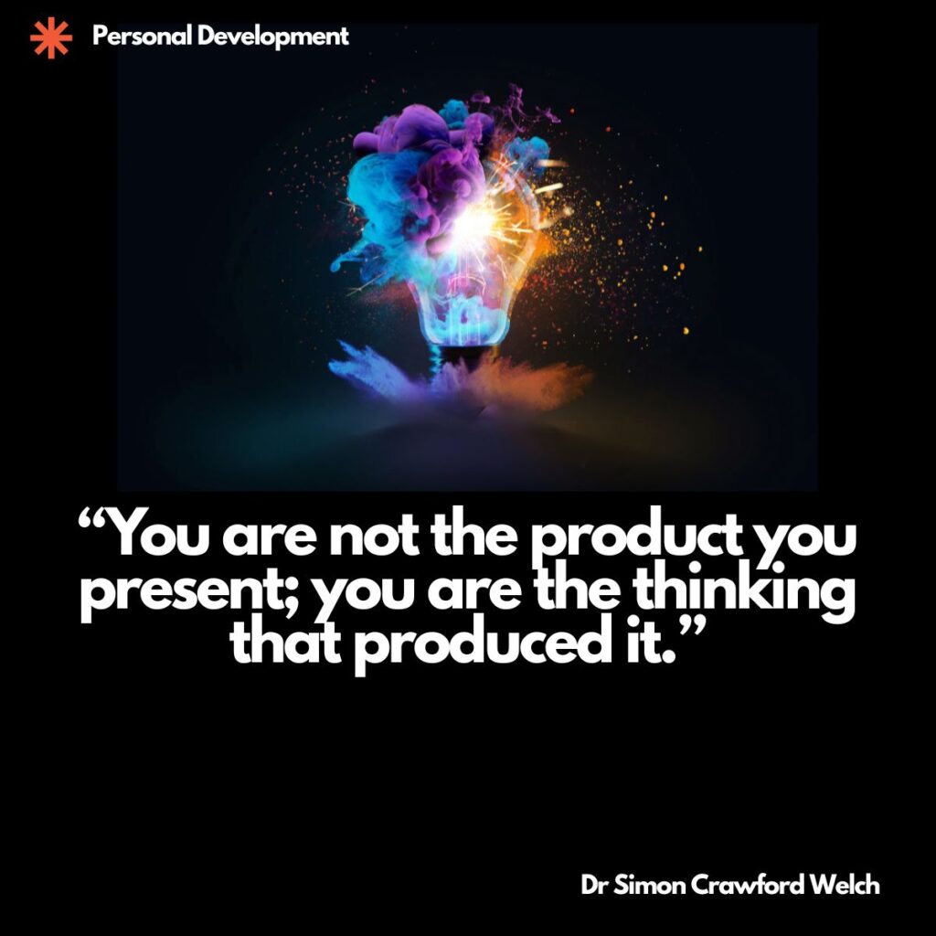 An exploding lightbulb bursts with vibrant clouds of blue, purple, orange, and pink ink against a dark black background, with sparks and particles radiating outward to symbolize a powerful eruption of creative energy. The image illustrates the concept of authentic ideation and intellectual ownership, representing the inner spark of original thinking that produces meaningful work. Quote over the image reads, "You are not the product you present; you are the thinking that produced it." By Dr. Simon Crawford Welch.