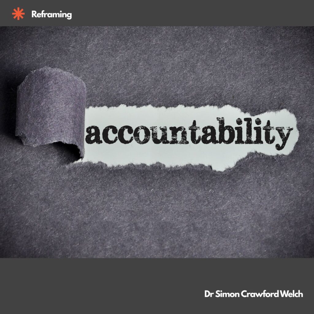 A textured dark grey paper surface is torn open to reveal the word "accountability" printed in bold black distressed typography on white paper underneath, with a curled flap of grey paper peeling back at the left edge. The image illustrates the concept of uncovering truth and exposing what lies beneath the surface, representing the act of revealing genuine ownership and responsibility hidden behind appearances. Featured word over the image reads, "accountability." By Dr. Simon Crawford Welch.