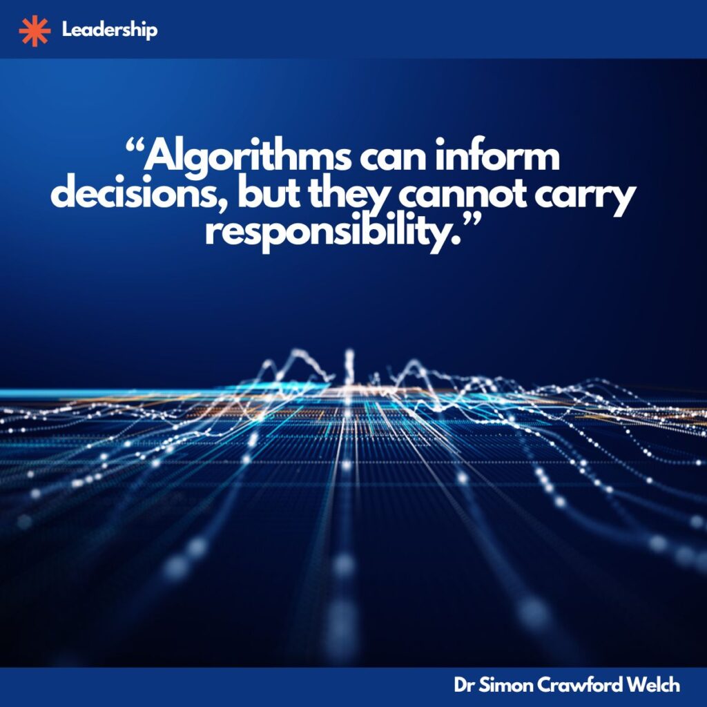 A futuristic digital landscape rendered in deep navy blue, with glowing white and orange light streams arcing across a luminous grid floor that stretches toward a distant horizon. Thin vertical lines of light rise from the grid like data points, creating a wave pattern that resembles a sound visualization or technological terrain. The concept reflects the relationship between artificial intelligence and human leadership, illustrating that while computational systems can process information and shape decisions, the moral weight of those decisions still belongs to people. "Algorithms can inform decisions, but they cannot carry responsibility." By Dr Simon Crawford Welch
