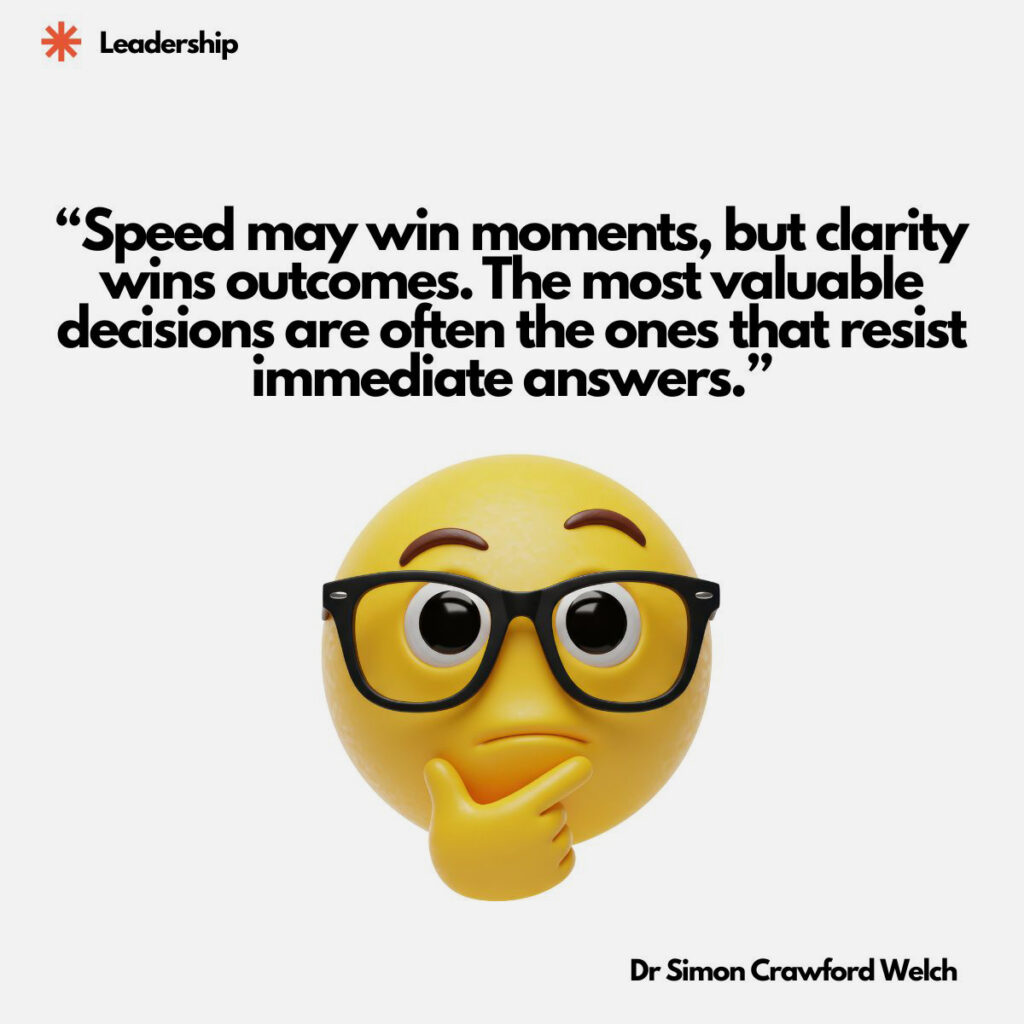 A bright yellow three dimensional emoji face with large black framed glasses, expressive raised eyebrows, and a hand resting thoughtfully on its chin in a classic pondering pose, set against a pale neutral background. The concept conveys the value of deliberate reflection over reactive speed, illustrating that the most consequential decisions in leadership are those that demand patience, consideration, and the courage to delay a quick answer. "Speed may win moments, but clarity wins outcomes. The most valuable decisions are often the ones that resist immediate answers." By Dr Simon Crawford Welch
