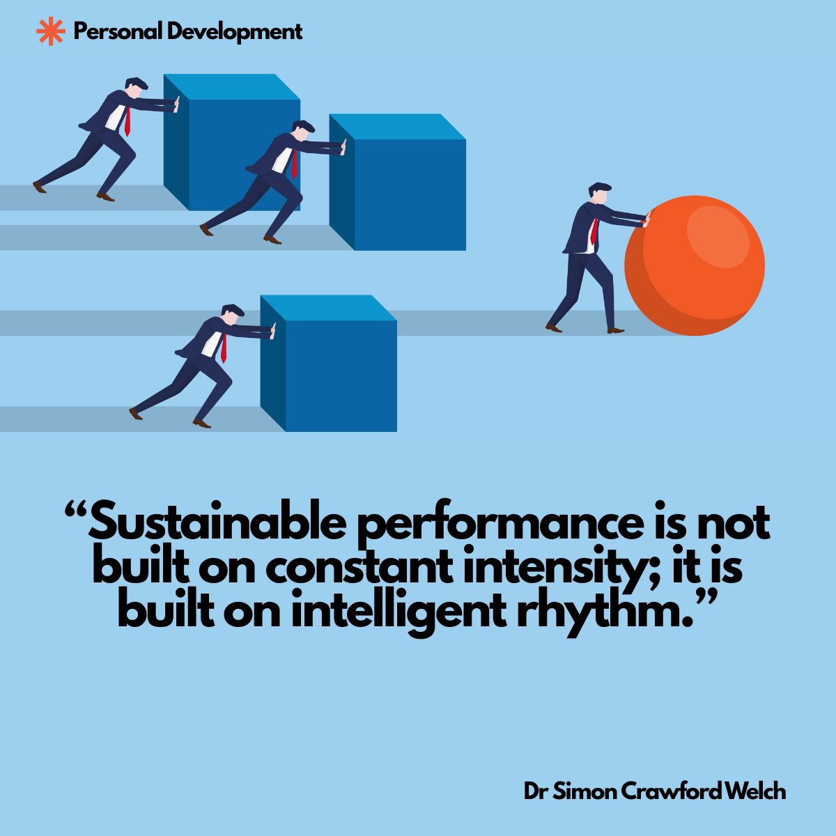 An illustration of businessmen struggling to push square blocks while one rolls a sphere ahead, evoking sustainable personal throughput over brute-force effort.