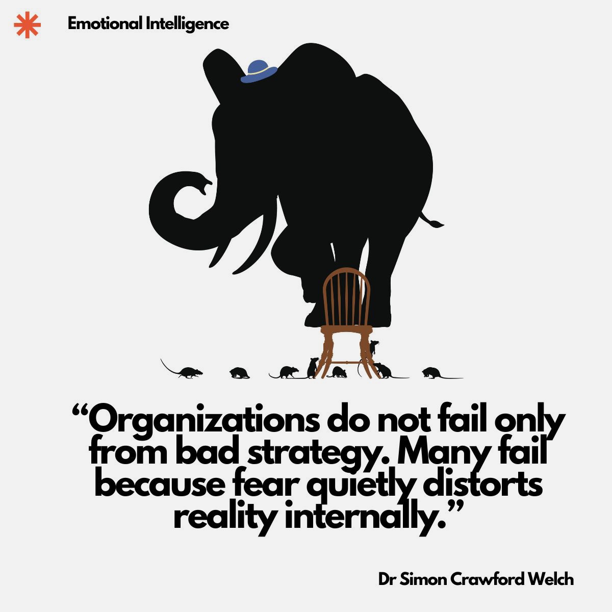A silhouetted elephant balances on a small chair surrounded by rats. Quote on image: 'Organizations do not fail only from bad strategy. Many fail because fear quietly distorts reality internally.' By Dr. Simon Crawford Welch.