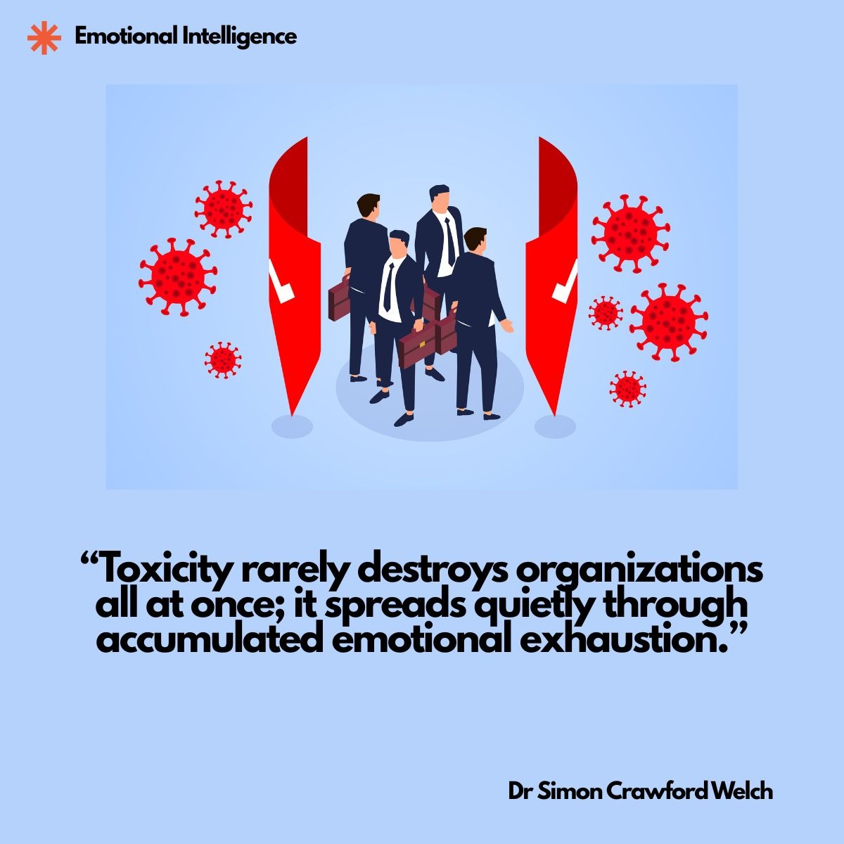 Four businessmen stand inside a protective bracket as red virus shapes float around them, illustrating how toxic emotional states spread through a team like a contagion. Quote on image: "Toxicity rarely destroys organizations all at once; it spreads quietly through accumulated emotional exhaustion." By Dr. Simon Crawford Welch.