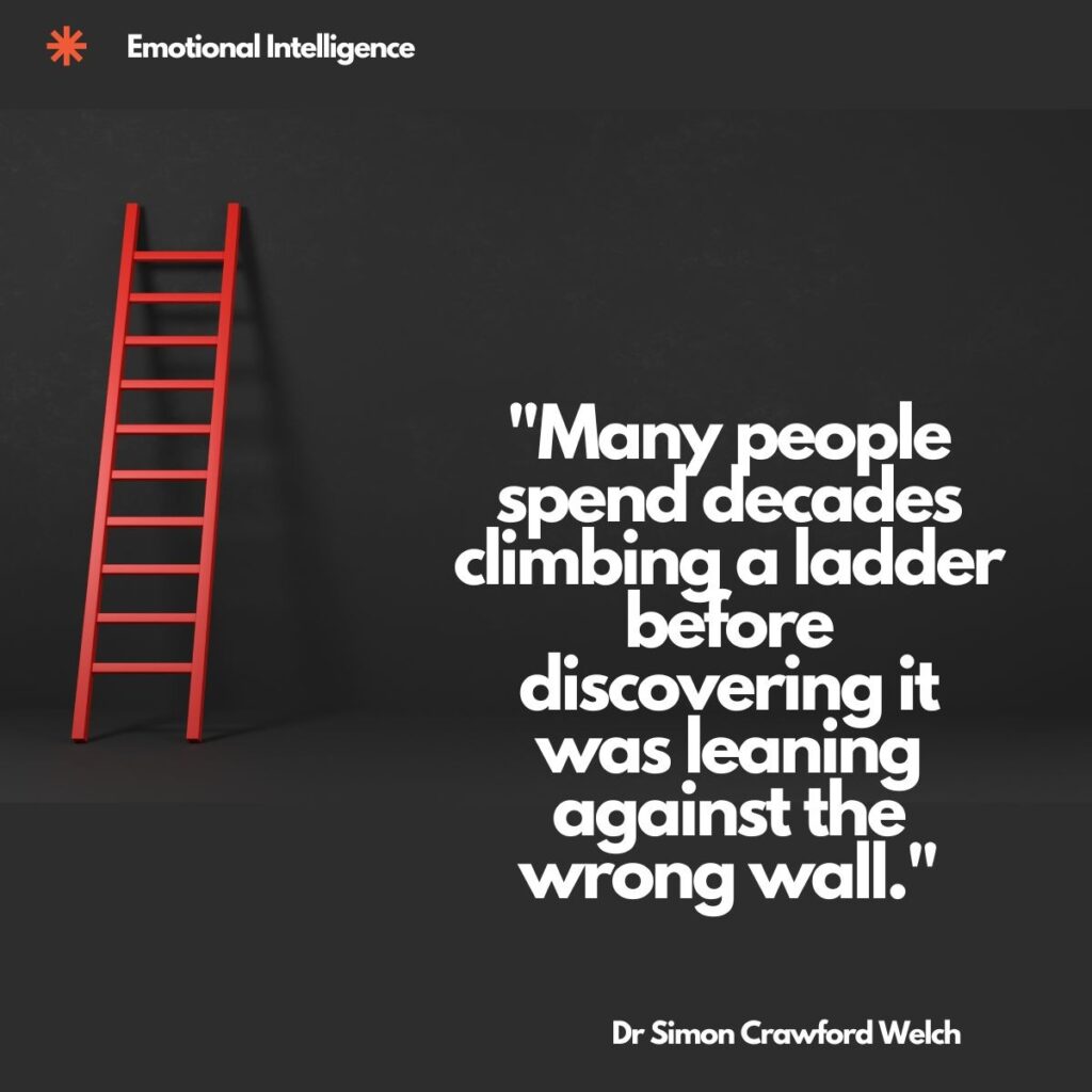 Visual description: On a dark charcoal background, a bright red ladder leans against the left wall, standing on its own. The category label Emotional Intelligence appears at the top left beside an orange asterisk mark, with the quote set in large white type filling the right side.
Concept: The lone ladder leaning against an unseen wall visualizes years of effort spent on a goal that may have been misdirected, tying to the emotional intelligence theme of pausing to check whether the climb is the right one.
Quote: "Many people spend decades climbing a ladder before discovering it was leaning against the wrong wall."
By Dr Simon Crawford Welch
