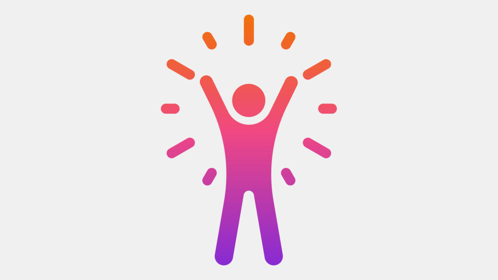 A simple gradient icon of a person standing with both arms raised overhead, surrounded by short radiating lines, shading from orange at the top through pink to purple at the feet. The concept is personal growth and self-realization, showing an individual stepping into confidence and expanding outward as they develop.