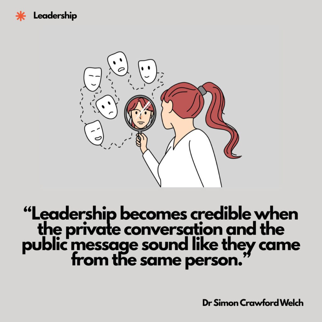 A line illustration of a woman with red hair holding a hand mirror to her face while five blank masks with different expressions float in a dotted trail behind her. The image represents the gap between the faces we present and the one we actually see when we look directly at ourselves. The quote over the image reads, "Leadership becomes credible when the private conversation and the public message sound like they came from the same person." By Dr Simon Crawford Welch.