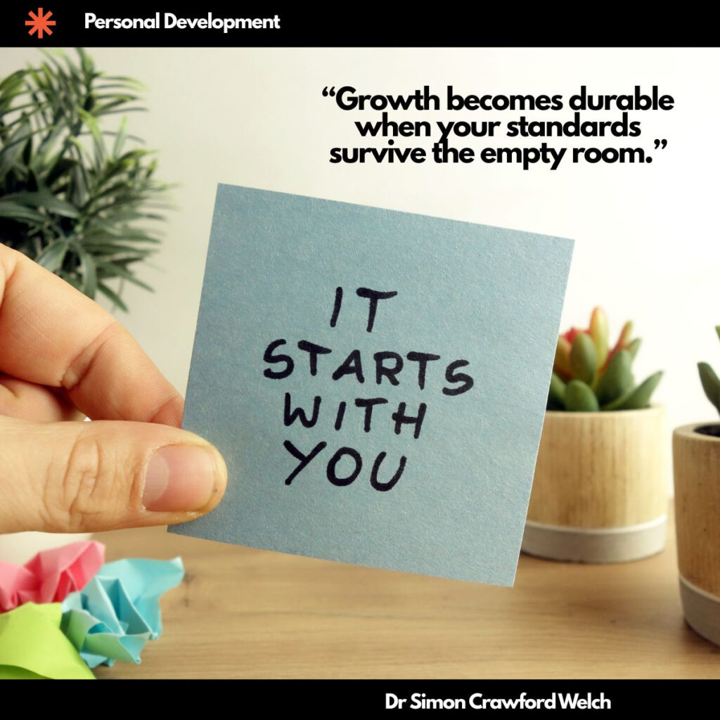 A hand holding a small blue sticky note with the handwritten words IT STARTS WITH YOU, set on a wooden desk beside potted succulents and crumpled sheets of coloured paper. The image represents accountability taken up quietly and personally, before anyone else is watching or involved. The quote over the image reads, "Growth becomes durable when your standards survive the empty room." By Dr Simon Crawford Welch.