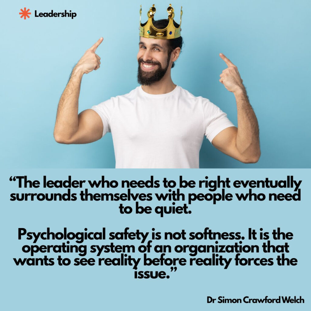 A smiling bearded man in a white t shirt wears a gold crown and points both index fingers up at himself against a light blue background. The concept is self appointed authority and the ego that can grow around a leadership role. Text over the image reads: "The leader who needs to be right eventually surrounds themselves with people who need to be quiet. Psychological safety is not softness. It is the operating system of an organization that wants to see reality before reality forces the issue." By Dr Simon Crawford Welch.