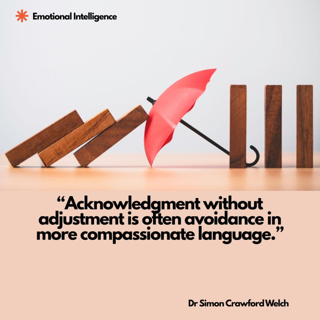 A red umbrella stands between a row of falling wooden dominoes and a row still standing on a wooden table, with an Emotional Intelligence label in the top corner. The image represents stepping in to stop a chain reaction rather than simply watching it happen. Quote over the image reads: "Acknowledgment without adjustment is often avoidance in more compassionate language." By Dr. Simon Crawford Welch.