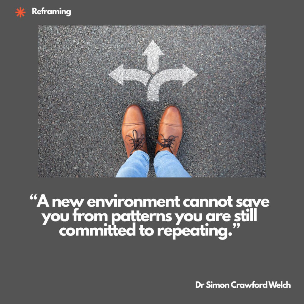 A person in brown leather shoes and blue jeans stands on asphalt beneath three white painted arrows pointing left, straight ahead, and right, with a Reframing label in the top corner. The image represents standing at a crossroads and recognizing that the direction you choose matters less than the patterns you carry with you. Quote over the image reads: "A new environment cannot save you from patterns you are still committed to repeating." By Dr. Simon Crawford Welch.