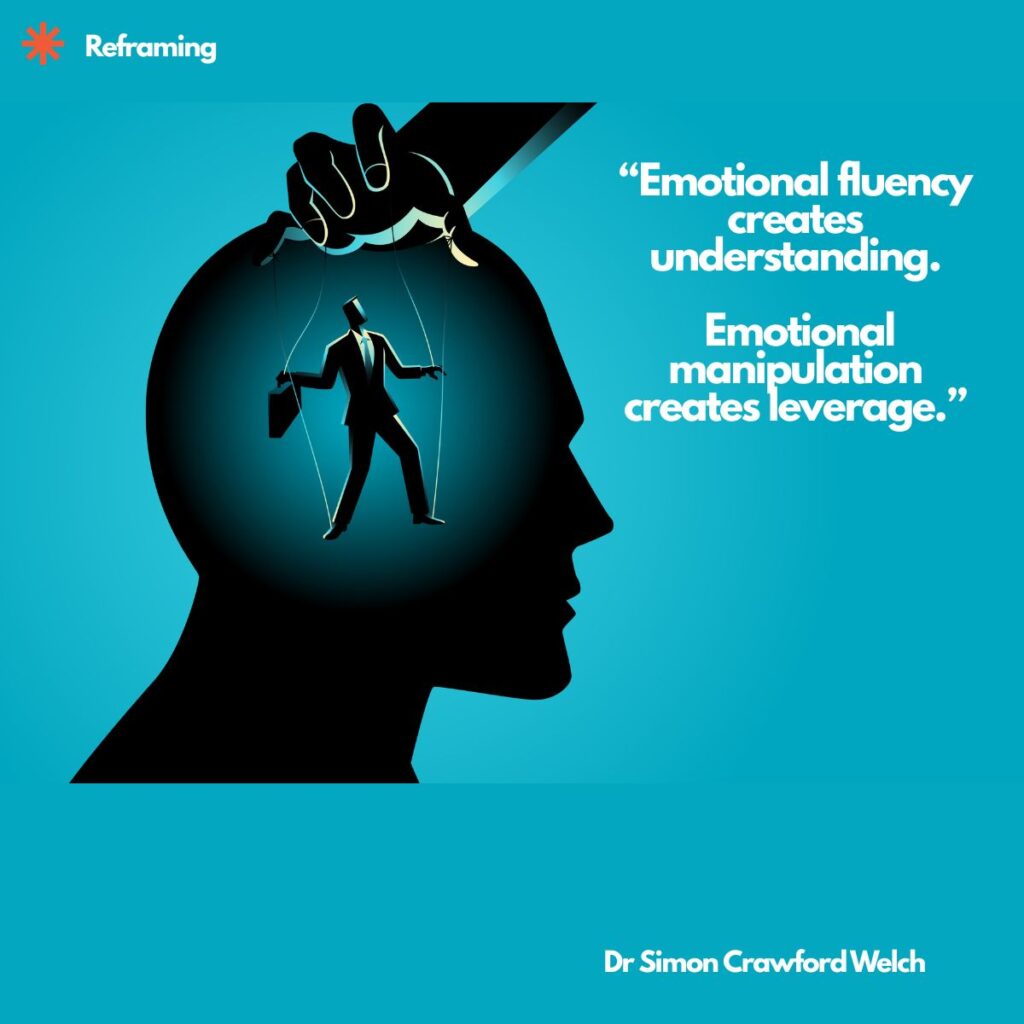 A black silhouette of a human head in profile on a bright blue background, with a large hand reaching in from above to control a small businessman on puppet strings inside the head, and a Reframing label in the top corner. The image represents the difference between understanding emotions and using them to pull someone’s strings. Quote over the image reads: "Emotional fluency creates understanding. Emotional manipulation creates leverage." By Dr. Simon Crawford Welch.