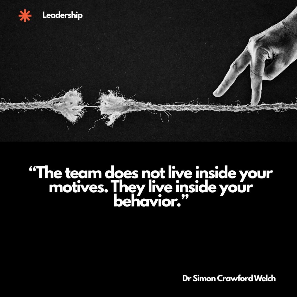 A black and white photo of a frayed rope about to snap in the middle, with a hand reaching in from the right and pressing a finger down on it, with a Leadership label in the top corner. The image represents the strain a leader’s behavior puts on a team regardless of what the leader meant. Quote over the image reads: "The team does not live inside your motives. They live inside your behavior." By Dr. Simon Crawford Welch.