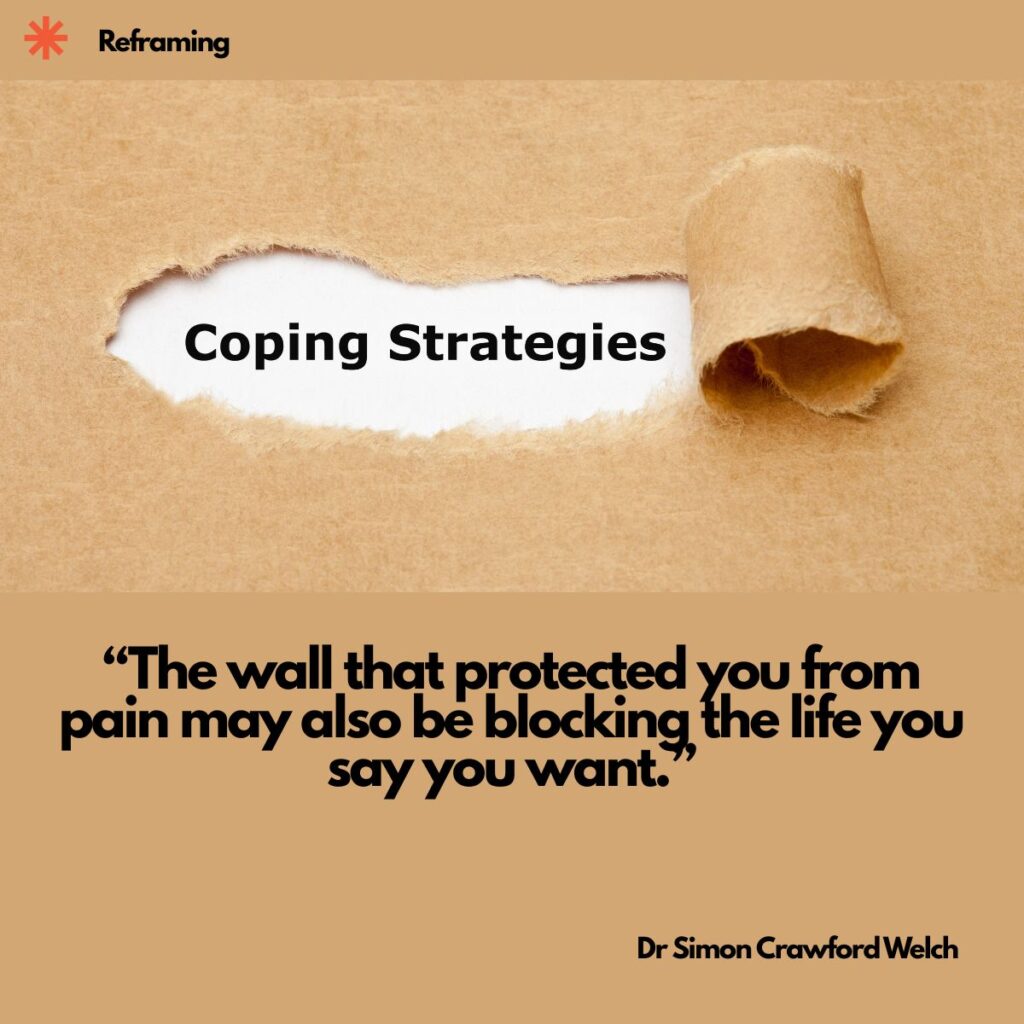 Brown kraft paper is torn open in a curling strip to reveal the words Coping Strategies printed on white paper underneath, with a Reframing label in the top corner. The image represents uncovering the survival habits that once protected you and asking whether they still belong in the life you are building. Quote over the image reads: "The wall that protected you from pain may also be blocking the life you say you want." By Dr. Simon Crawford Welch.