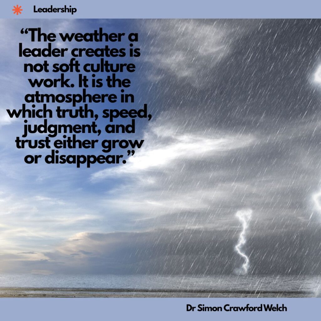 A sky split between blue sky and white clouds on the left and a dark storm with heavy rain and lightning over the sea on the right, with a Leadership label in the top corner. The image represents the emotional weather a leader creates, and whether a team works in clarity or in a storm. Quote over the image reads: "The weather a leader creates is not soft culture work. It is the atmosphere in which truth, speed, judgment, and trust either grow or disappear." By Dr. Simon Crawford Welch.