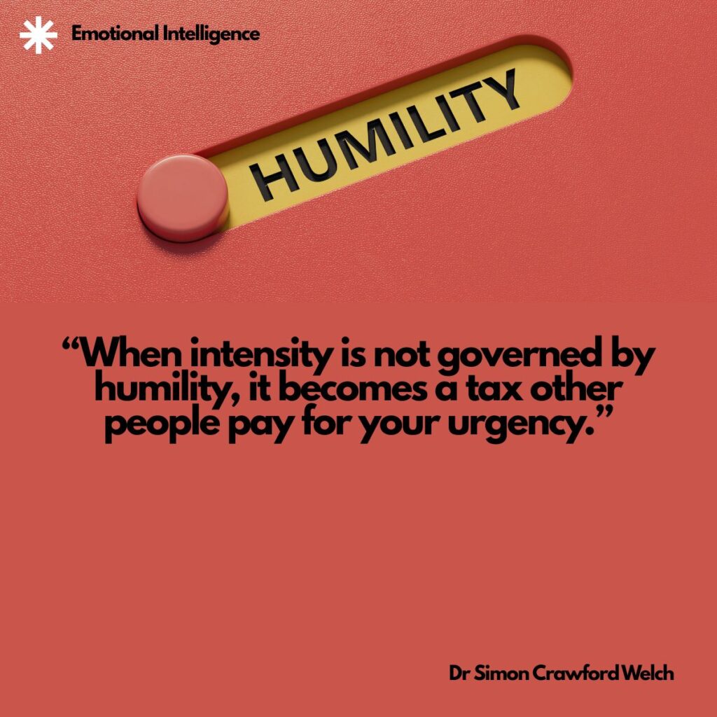 A close up of a coral red slider switch on a matching red surface, with the knob pushed aside to reveal the word HUMILITY on a yellow track, with an Emotional Intelligence label in the top corner. The image represents choosing to switch humility on when intensity starts to take over. Quote over the image reads: "When intensity is not governed by humility, it becomes a tax other people pay for your urgency." By Dr. Simon Crawford Welch.