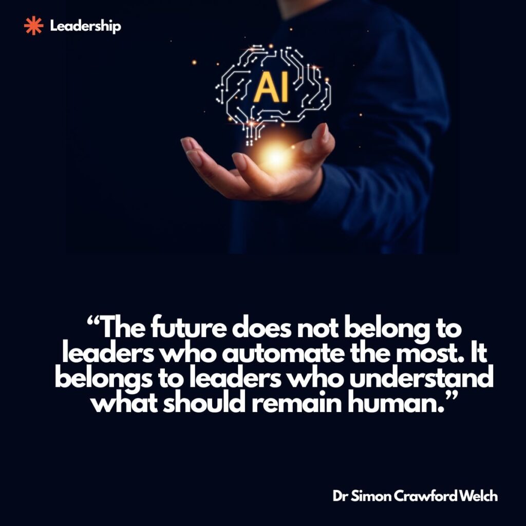 A glowing circuit board brain with the letters AI floats above the open palm of a person in a dark navy shirt against a black background, with a Leadership label in the top corner. The image represents the leader who holds powerful technology in hand while deciding what must stay human. Quote over the image reads: "The future does not belong to leaders who automate the most. It belongs to leaders who understand what should remain human." By Dr. Simon Crawford Welch.