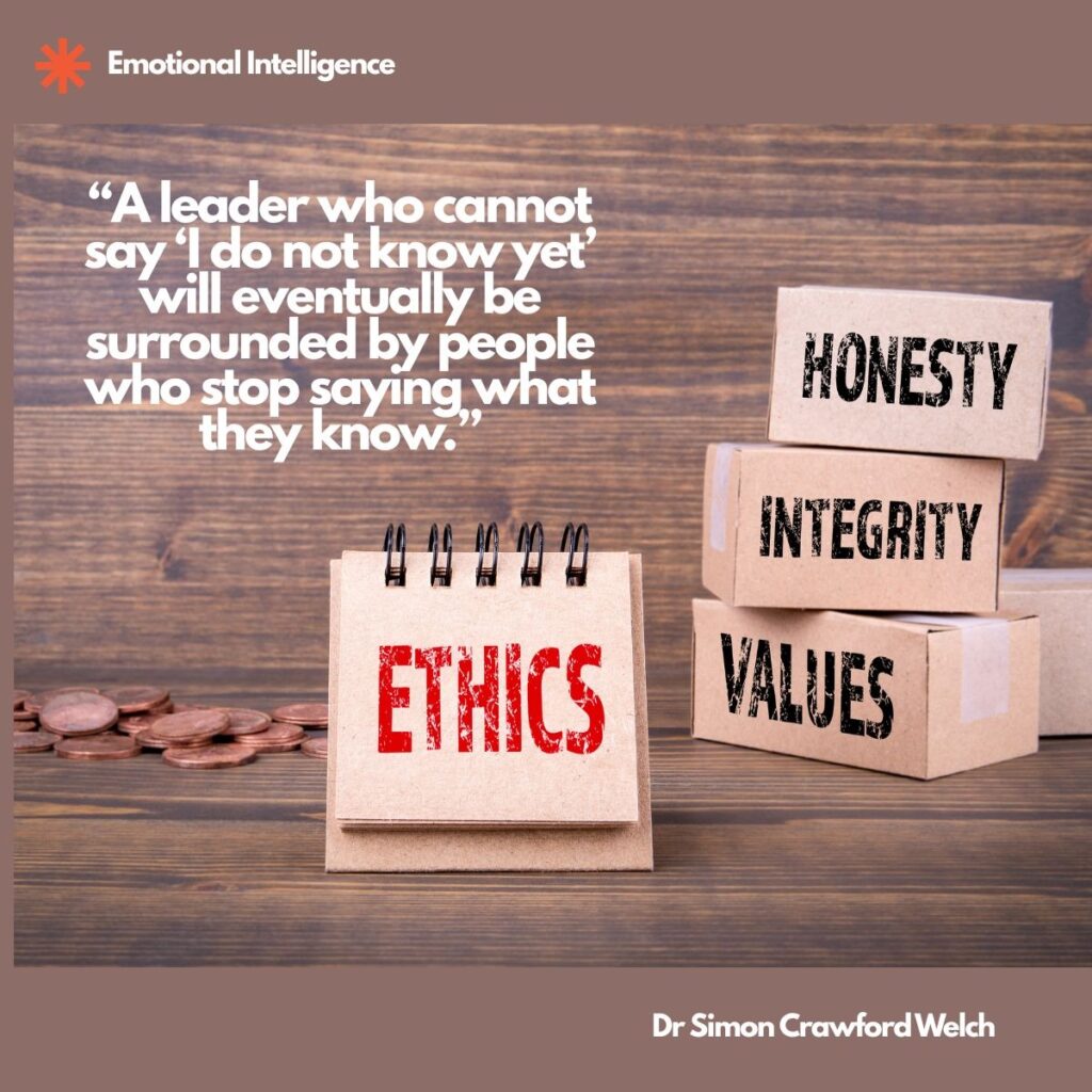 A small kraft paper desk calendar printed with the word ETHICS in red sits on a dark wooden table beside a stack of cardboard boxes labeled Honesty, Integrity and Values, with a scatter of copper coins to the left, with an Emotional Intelligence label in the top corner. The image represents the honesty a leader models when admitting what they do not yet know. Quote over the image reads: "A leader who cannot say ‘I do not know yet’ will eventually be surrounded by people who stop saying what they know." By Dr. Simon Crawford Welch.