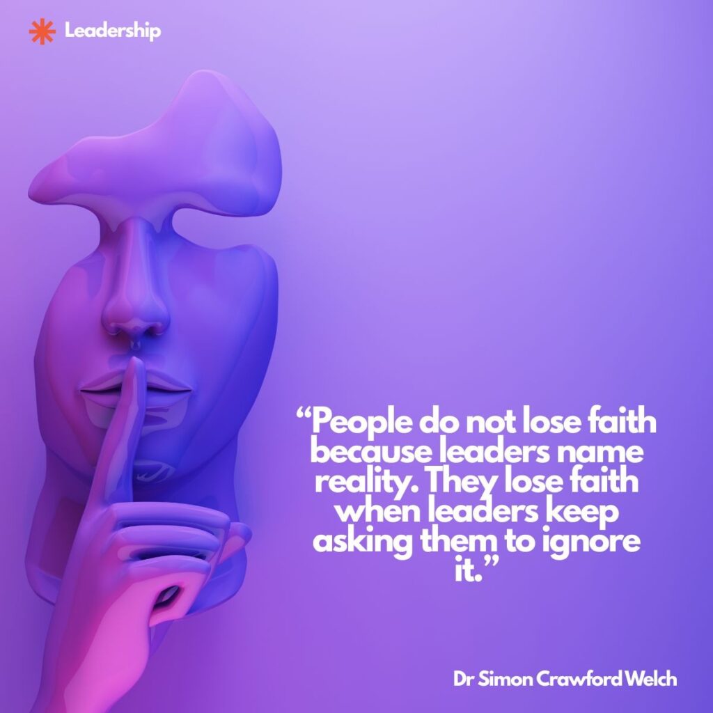 A glossy purple and pink sculpted face, with its forehead melting upward, holds one finger to its lips in a hush gesture against a soft violet background, with a Leadership label in the top corner. The image represents the pressure to stay quiet about what everyone can already see. Quote over the image reads: "People do not lose faith because leaders name reality. They lose faith when leaders keep asking them to ignore it." By Dr. Simon Crawford Welch.