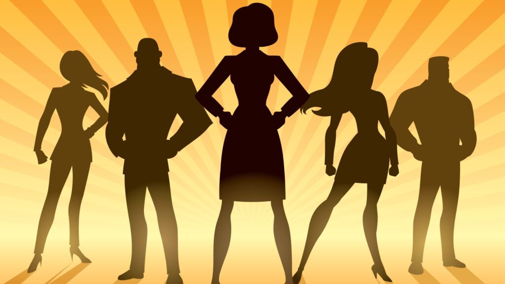 Five silhouetted figures in business attire stand with their hands on their hips against bright orange and yellow sunburst rays, with a woman in a skirt suit at the center. The image represents the stature that comes with power, and the honesty that has to grow alongside it.
