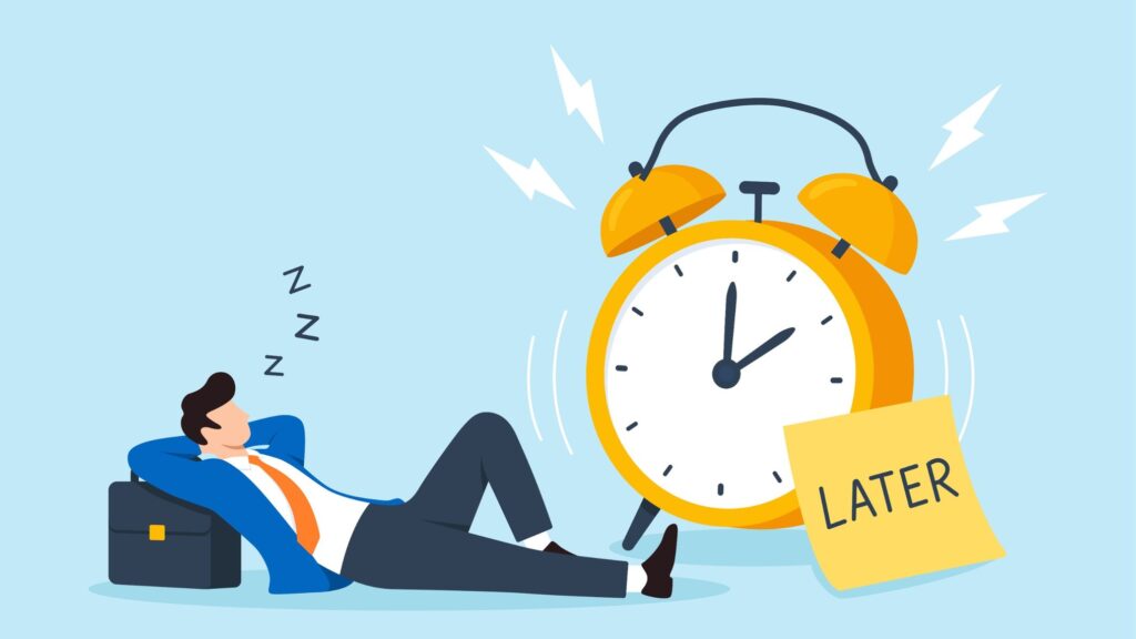 A cartoon businessman in a blue suit lies back against his briefcase with his eyes closed, dozing, while a giant yellow alarm clock rings beside him with a sticky note reading LATER propped against it, on a light blue background. The image represents waiting for the right moment while the call to begin keeps ringing.