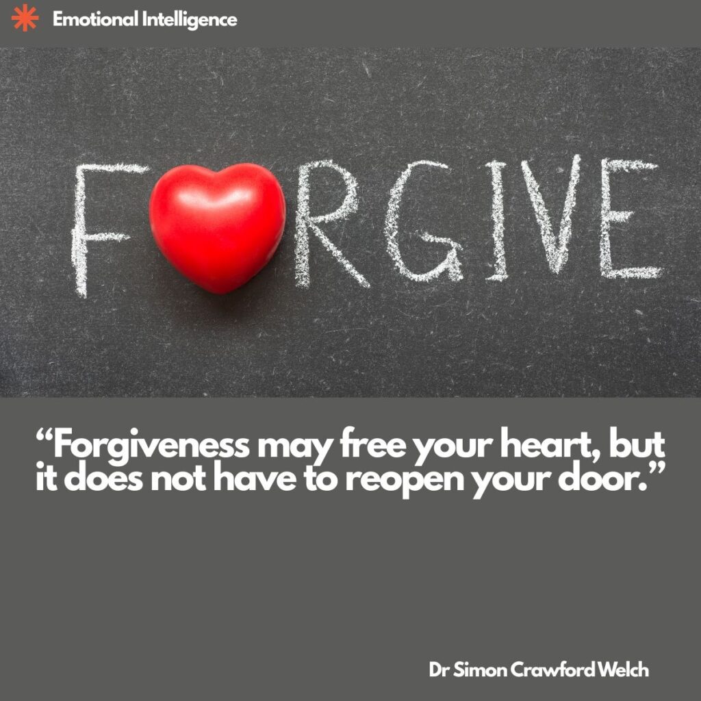 The word FORGIVE is hand written in white chalk on a dark chalkboard, with a glossy red heart standing in for the letter O, set inside a dark grey frame, with an Emotional Intelligence label in the top corner. The image represents forgiveness as a matter of the heart, separate from the decision to let someone back in. Quote over the image reads: "Forgiveness may free your heart, but it does not have to reopen your door." By Dr. Simon Crawford Welch.