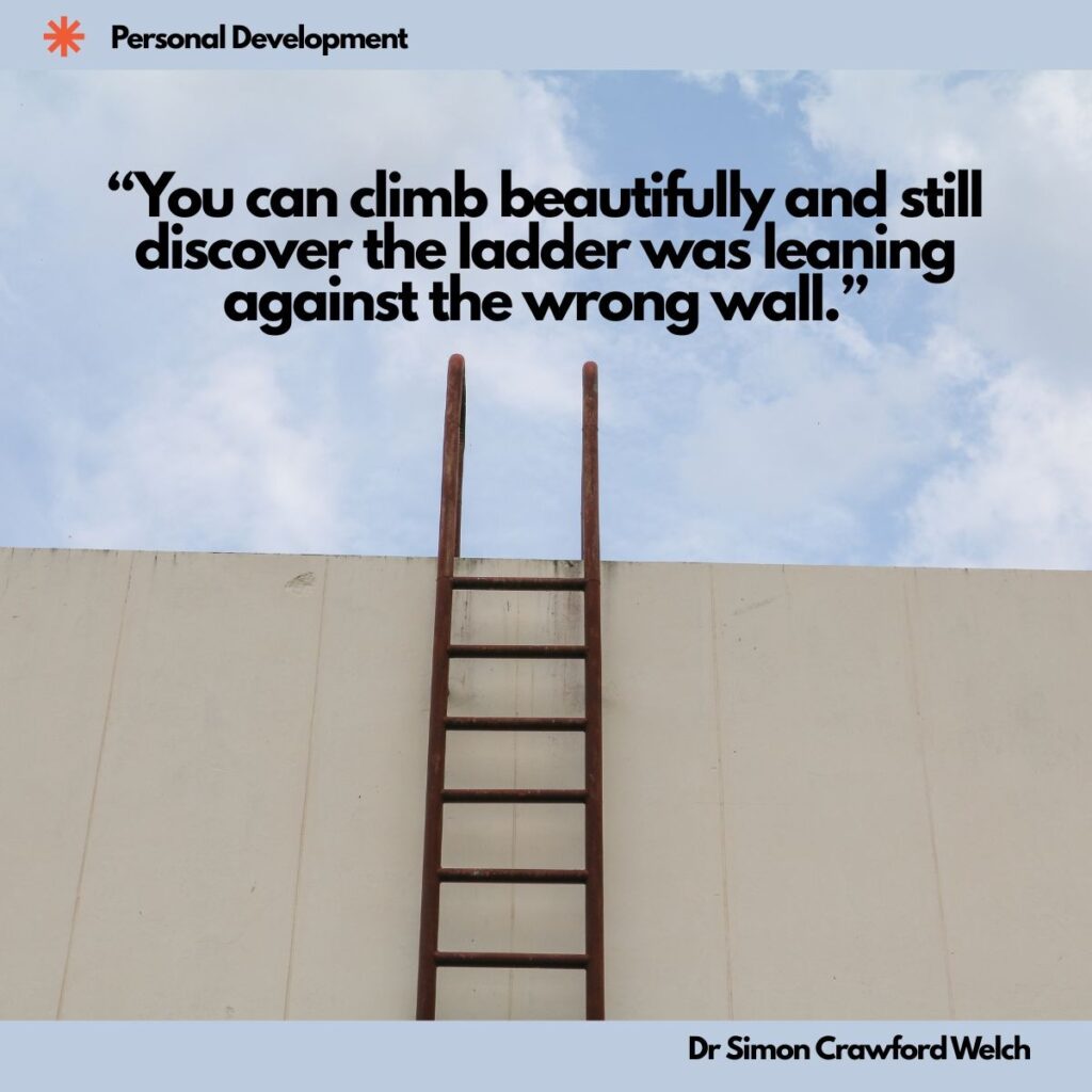 A rust red metal ladder climbs a tall cream colored wall and ends at its top edge against a blue sky with white clouds, inside a pale blue frame, with a Personal Development label in the top corner. The image represents a climb toward success that may be leaning against the wrong wall. Quote over the image reads: "You can climb beautifully and still discover the ladder was leaning against the wrong wall." By Dr. Simon Crawford Welch.