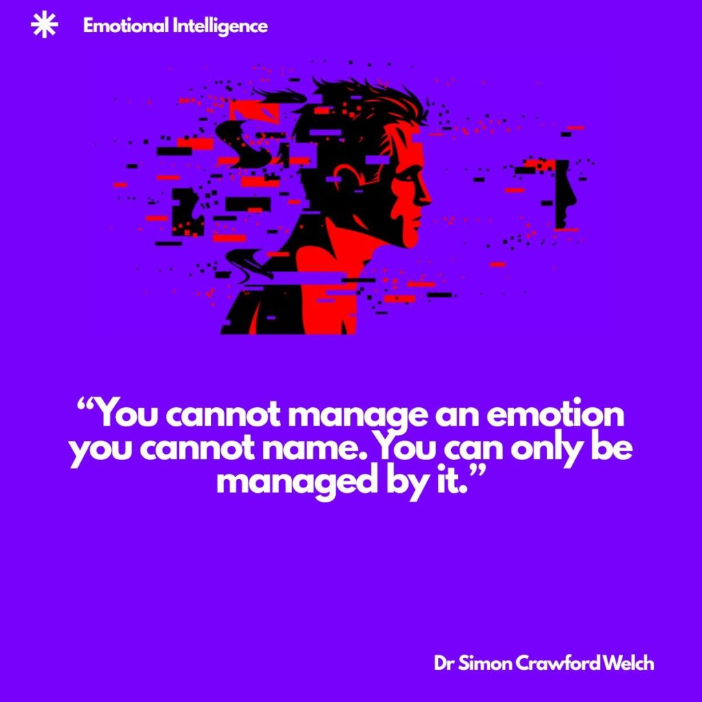 A stylized red and black profile of a man's head breaks apart into glitching pixels and fragments against a bright purple background, with a second faint face at the right edge, with an Emotional Intelligence label in the top corner. The image represents feelings that scatter and distort when we cannot name them. Quote over the image reads: "You cannot manage an emotion you cannot name. You can only be managed by it." By Dr. Simon Crawford Welch.